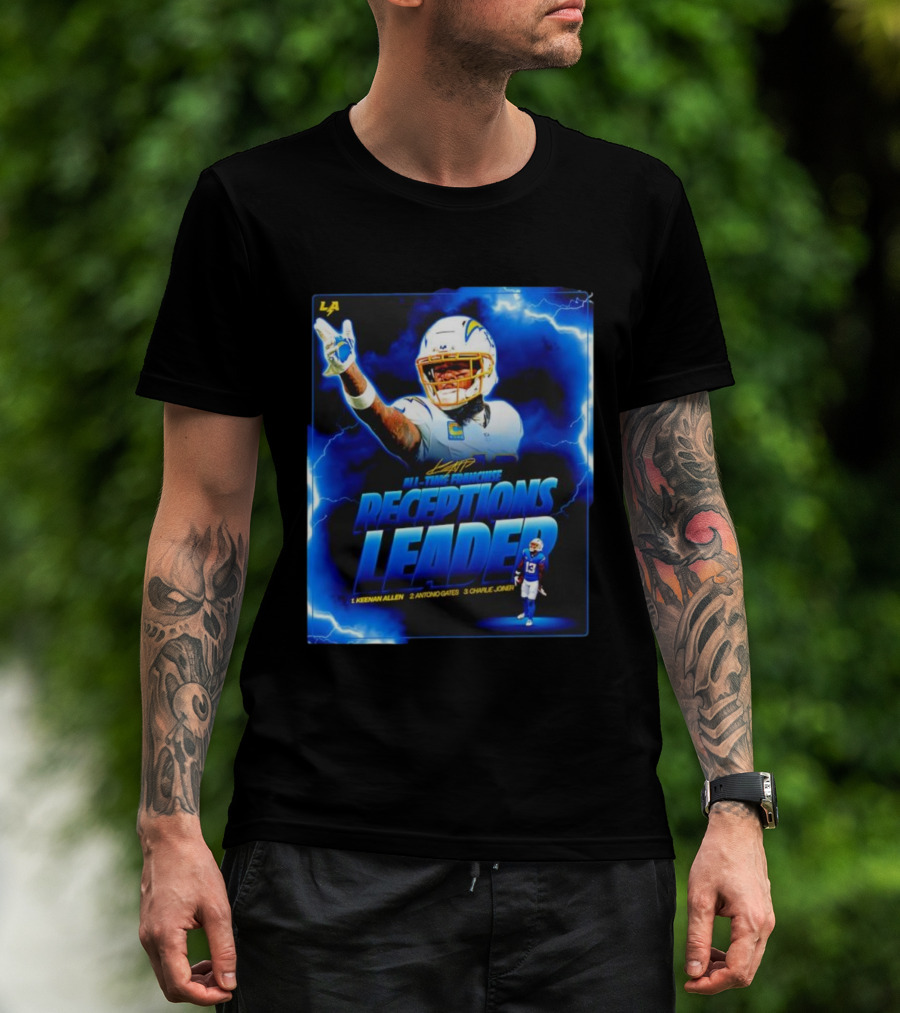 Keenan Allen Chargers All-Time Franchise Receptions Leader Lightning Theme T-Shirt