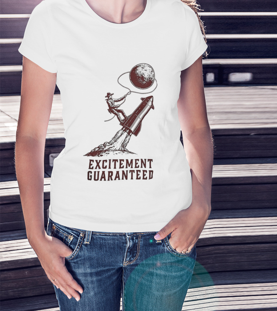 Excitement Guaranteed Cowboy Riding Rocket Lassoing Moon T-Shirt