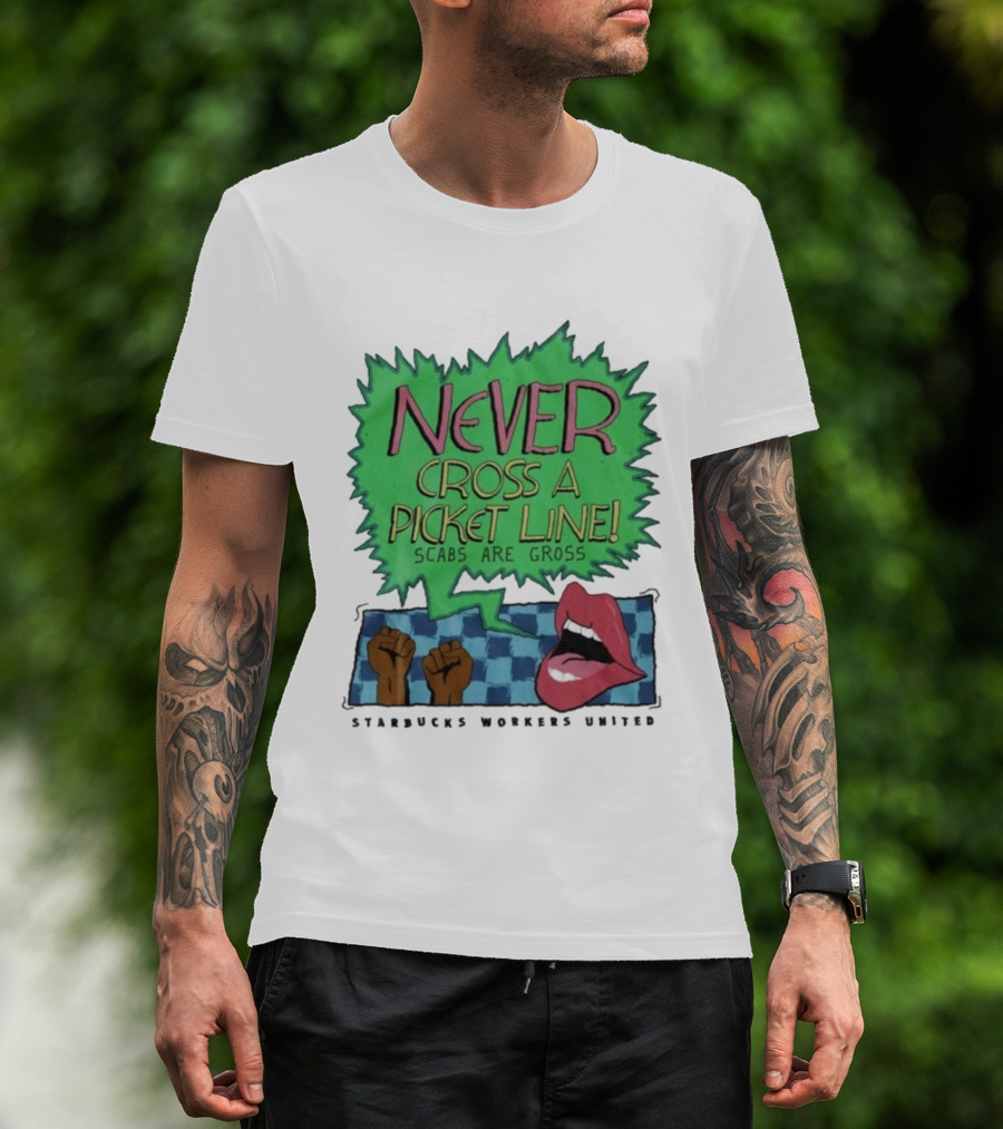 Starbucks Workers United Never Cross A Picket Line Scabs Are Gross Raised Fists Open Mouth Icon T-Shirt