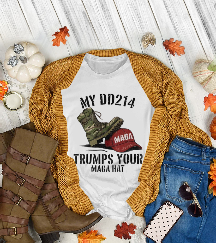 Veterans Against Trump My DD214 Trumps Your MAGA Hat Camo Boot Standing on Red MAGA Cap T-Shirt