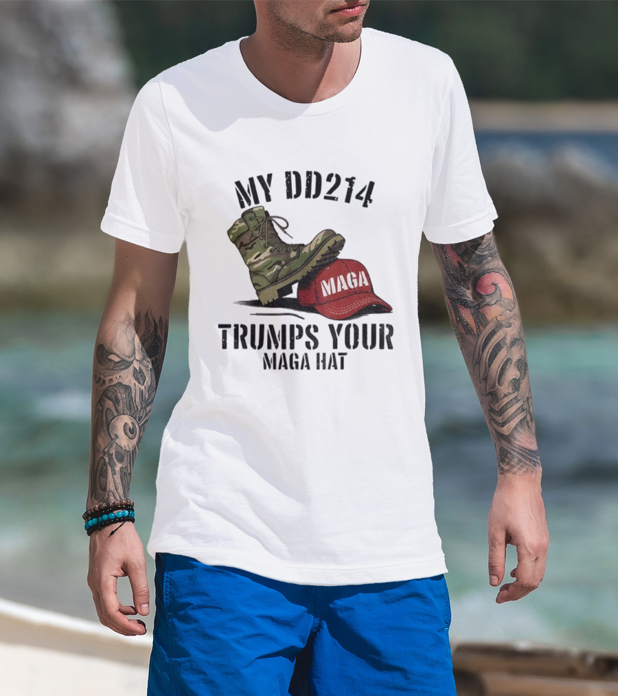 Veterans Against Trump My DD214 Trumps Your MAGA Hat Camo Boot Standing On Red MAGA Cap T-Shirt