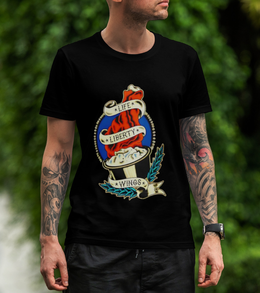 Life Liberty Wings Tattoo Style Emblem Flame And Feather Elements T-Shirt