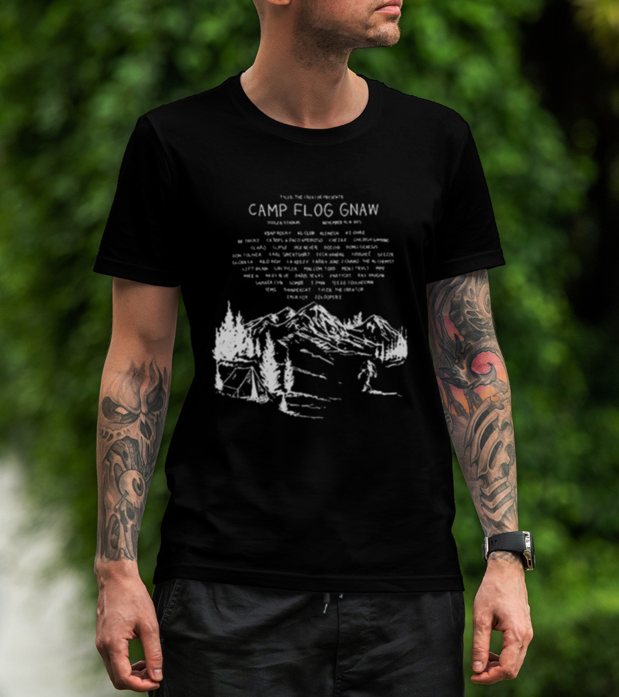 Camp Flog Gnaw 2025 Mountain Bigfoot Tyler The Creator Lineup Adventure T-Shirt