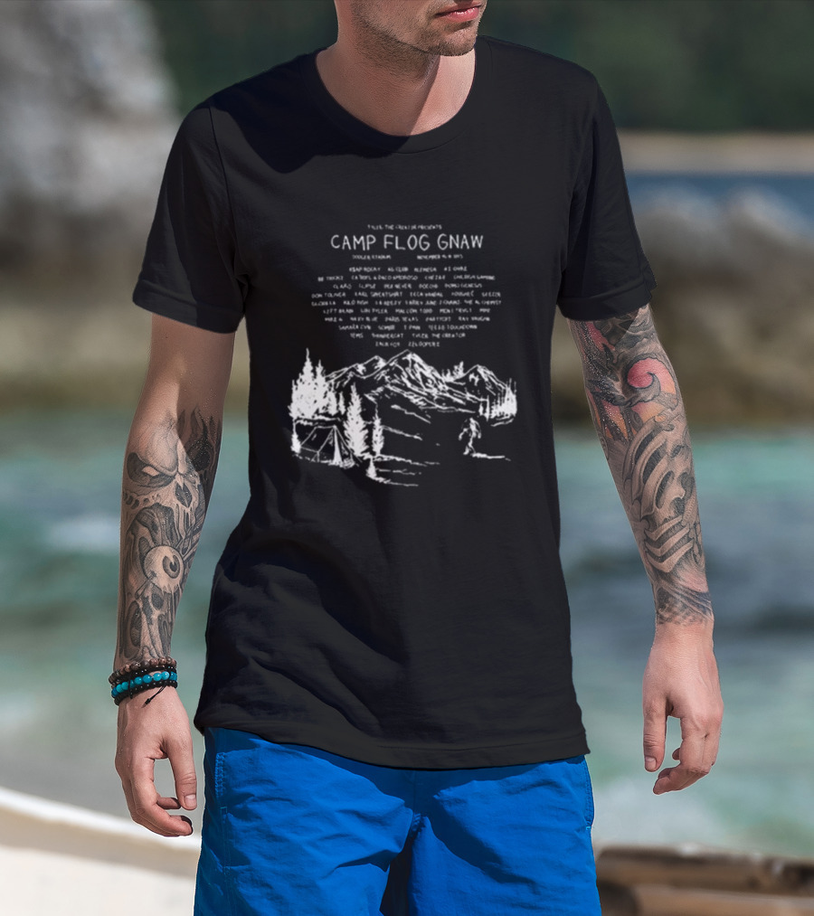 Camp Flog Gnaw 2025 Mountain Bigfoot Tyler The Creator Lineup Adventure T-Shirt