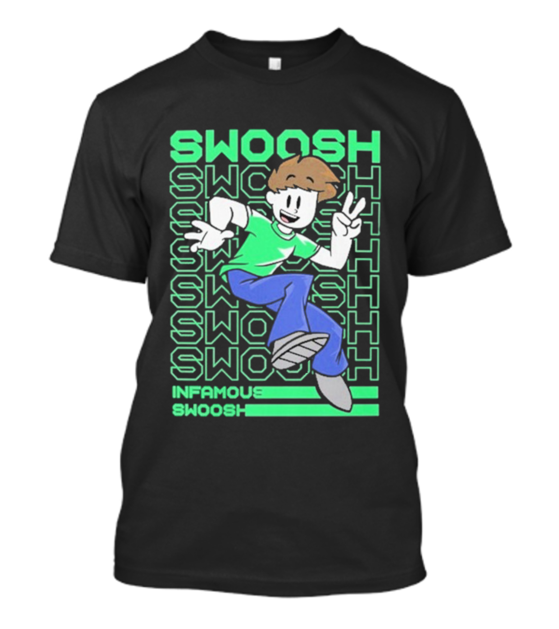 Infamous Swoosh Repeated Cartoon Character Peace Gesture Bright Colors T-Shirt