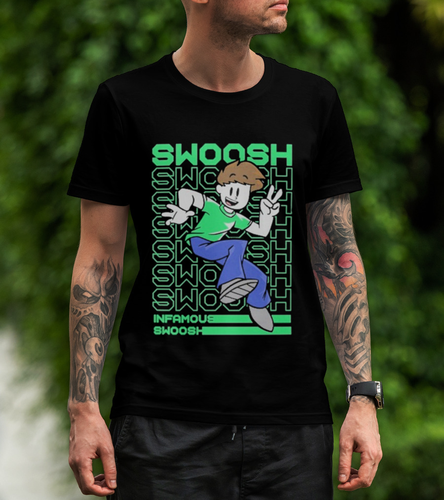 Infamous Swoosh Repeated Cartoon Character Peace Gesture Bright Colors T-Shirt