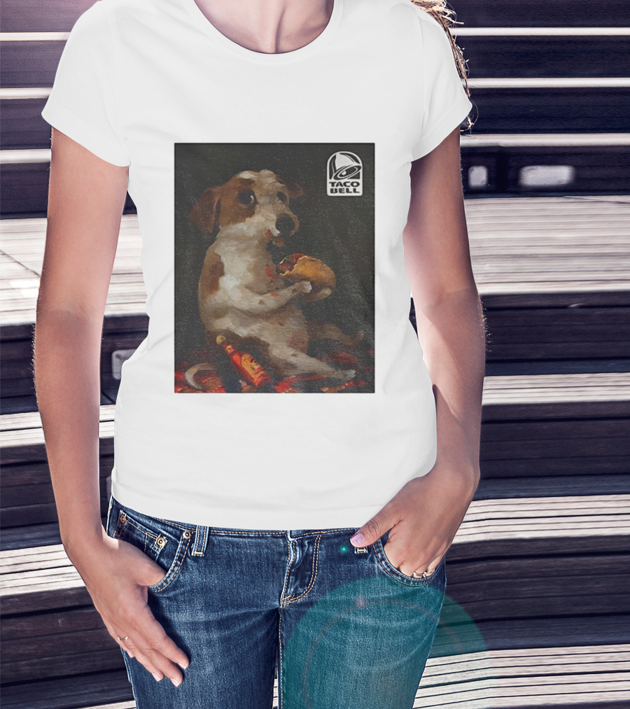 Dog With Taco Bell Burrito And Hot Sauce Funny Meme T-Shirt