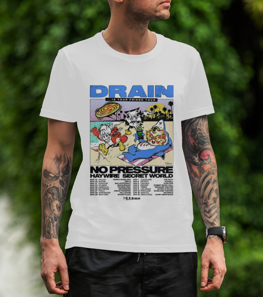 Drain Is Your Friend Tour 2026 No Pressure Haywire Secret World Beach Scene Vintage Style T-Shirt