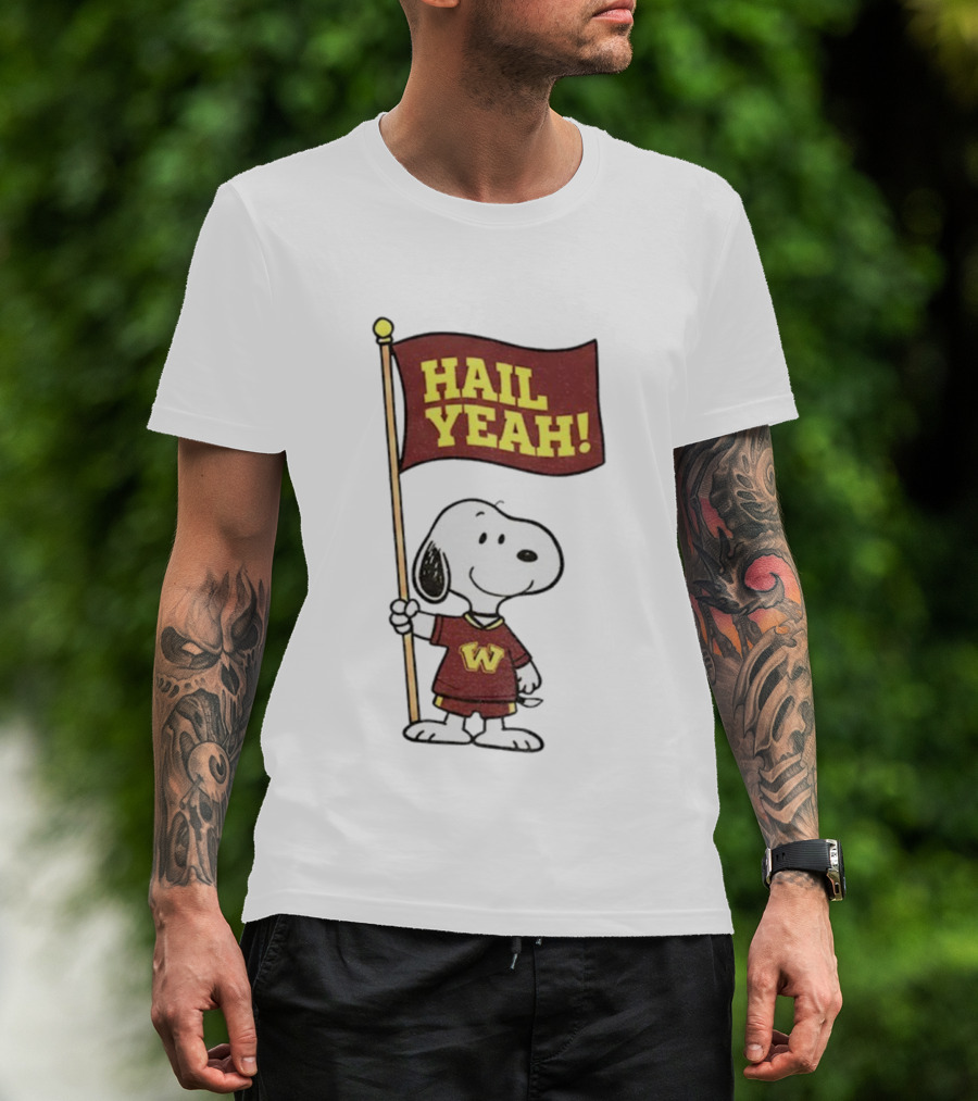 Snoopy Holding Hail Yeah Washington Commanders Flag Football Cartoon T-Shirt