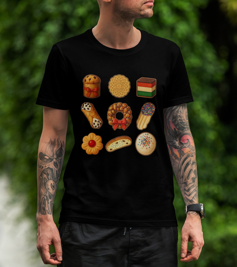 Festive Italian Cookie Variety Featuring Pandoro Biscotti Cannoli Bow Sprinkles T-Shirt