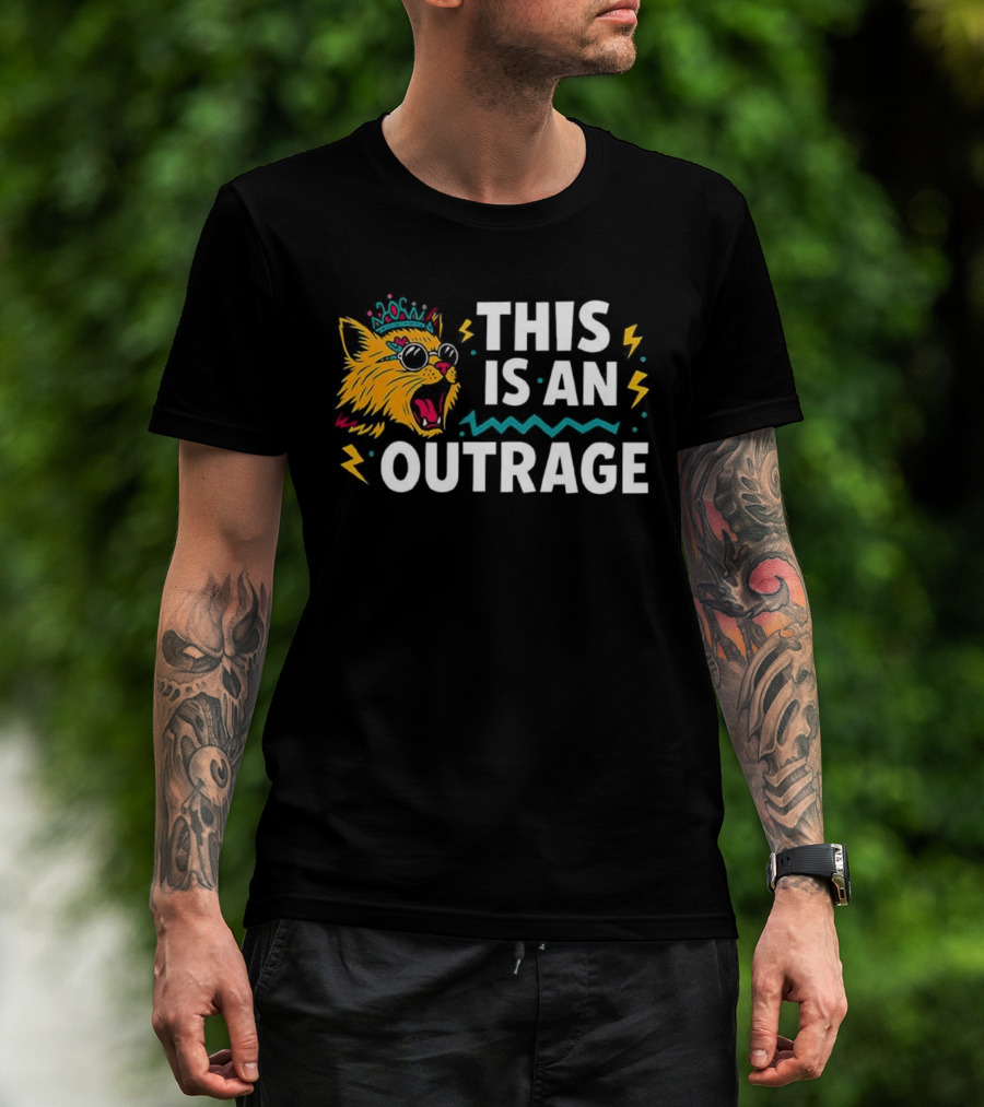 Cat This Is An Outrage Fun Cool Sunglasses Lightning Bolt T-Shirt
