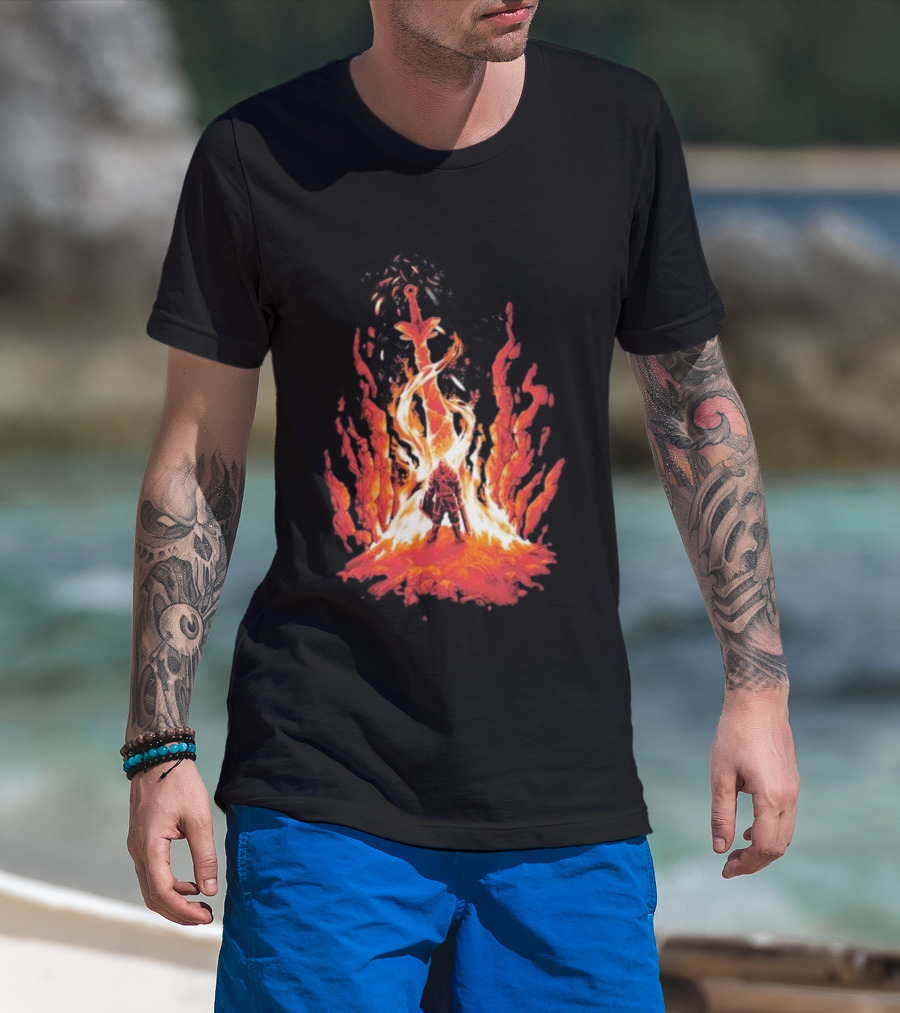 Dark Souls Trial By Fire Warrior Surrounded By Flames Iconic Gaming Imagery T-Shirt