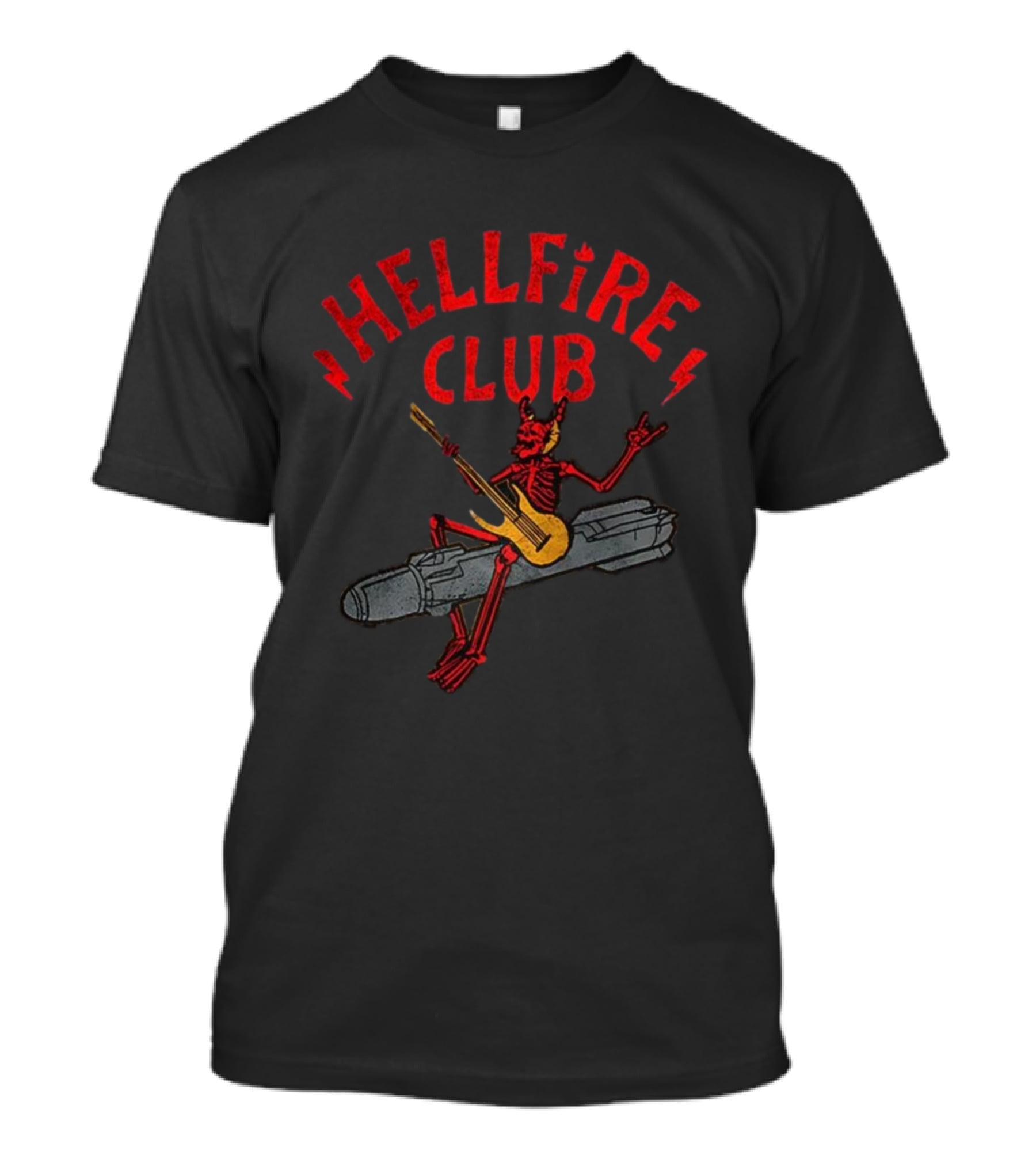 Hellfire Club Devil Riding Missile Playing Guitar T-Shirt