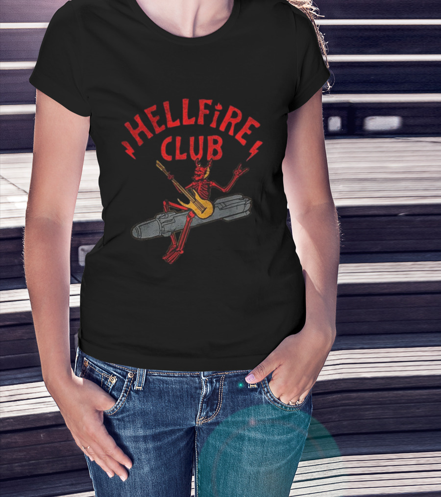 Hellfire Club Devil Riding Missile Playing Guitar T-Shirt