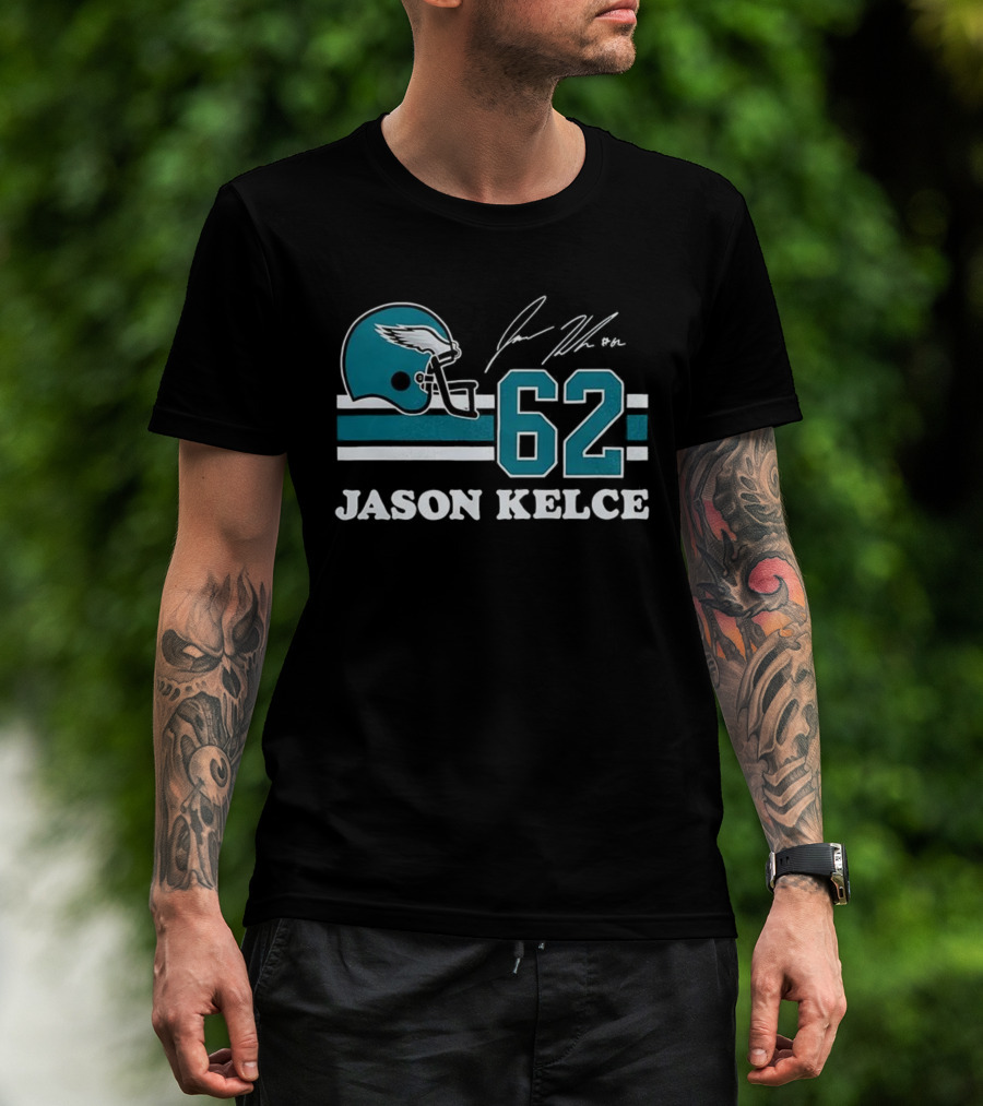 Jason Kelce Philadelphia Eagles NFL Helmet Number 62 Signature T-Shirt