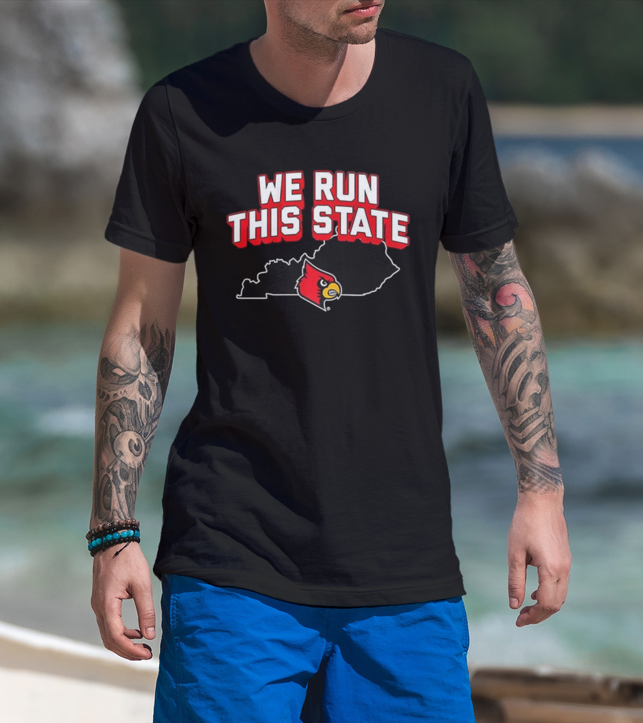 Louisville Cardinals Basketball We Run This State Kentucky Outline T-Shirt