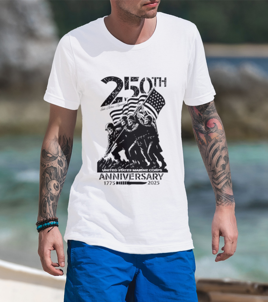250th USMC Anniversary Flag Raising 1775-2025 United States Marine Corps WWII Emblem T-Shirt