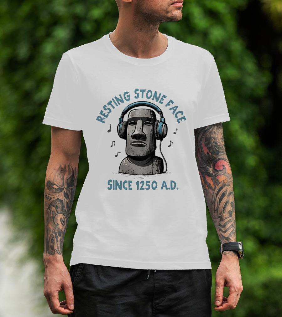 Resting Stone Face Easter Island Moai Headphones Since 1250 AD T-Shirt