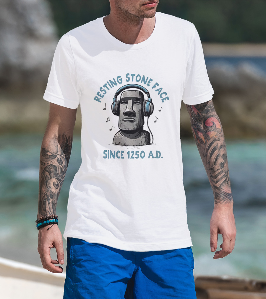 Resting Stone Face Easter Island Moai Headphones Since 1250 AD T-Shirt