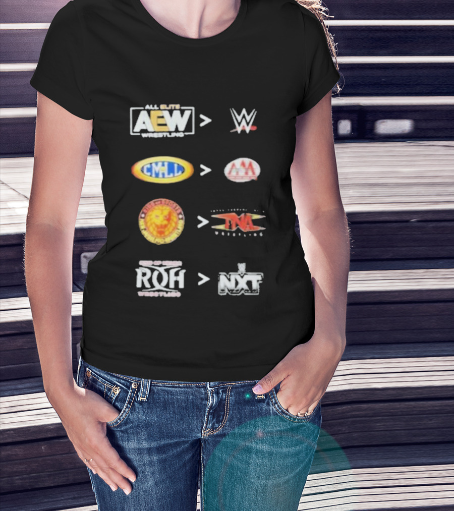 AEW Vs WWE CMLL Vs AAA NJPW Vs TNA ROH Vs NXT Wrestling Logos T-Shirt
