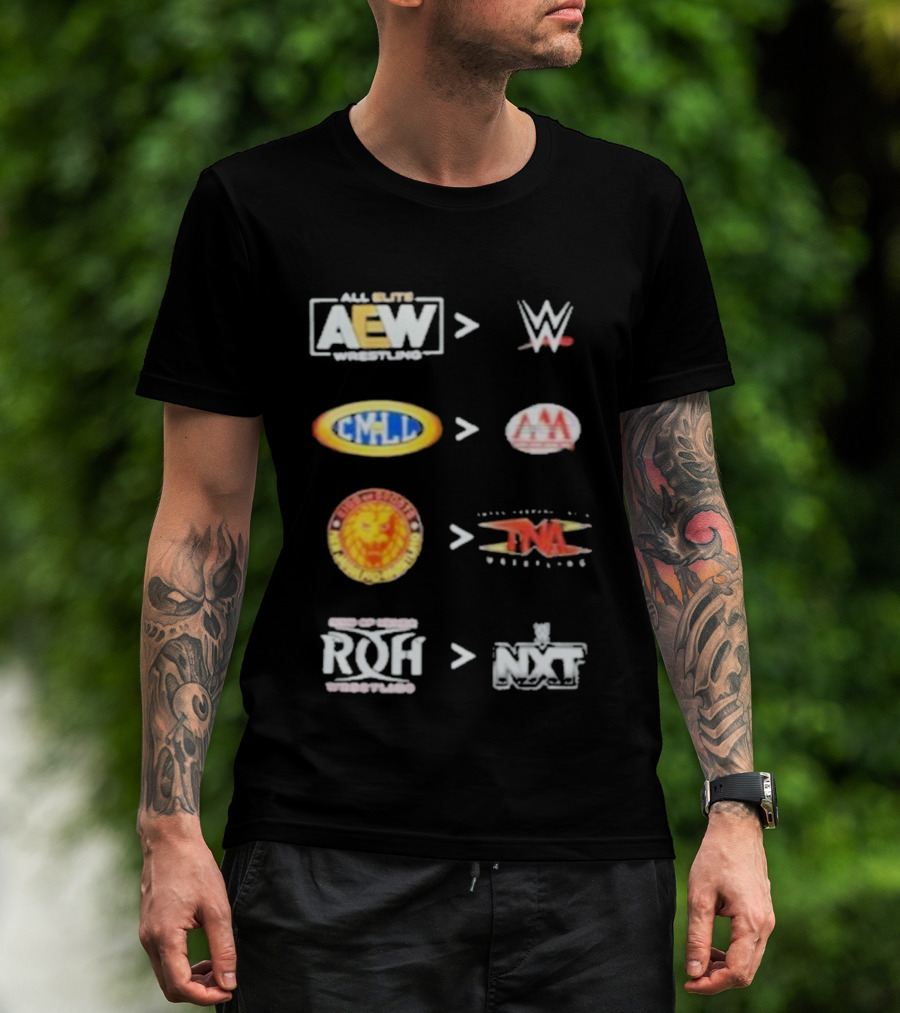 AEW Vs WWE CMLL Vs AAA NJPW Vs TNA ROH Vs NXT Wrestling Logos T-Shirt