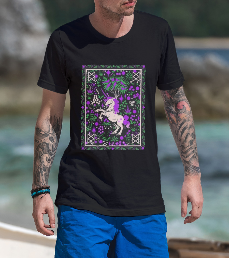 Garyl Unicorn Enchanted Forest Magic Purple Pink Green Botanical T-Shirt