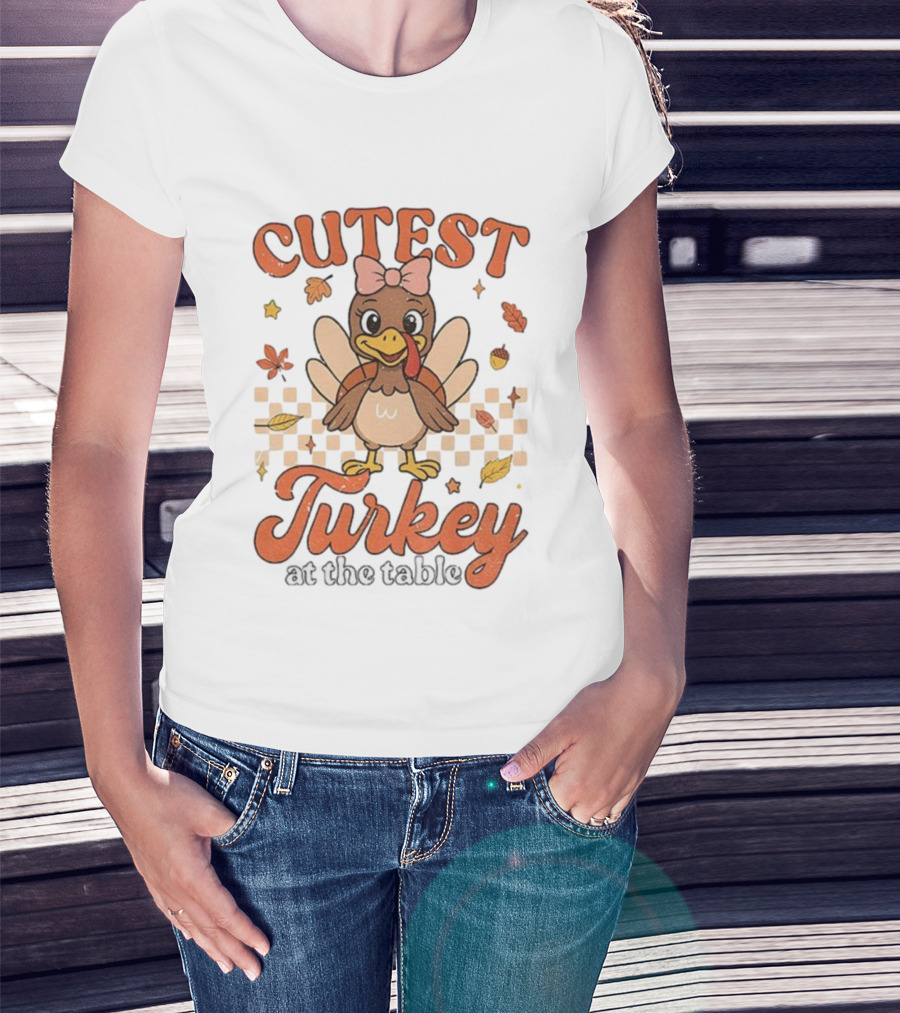 Cutest Turkey At The Table Thanksgiving Bow And Leaves T-Shirt