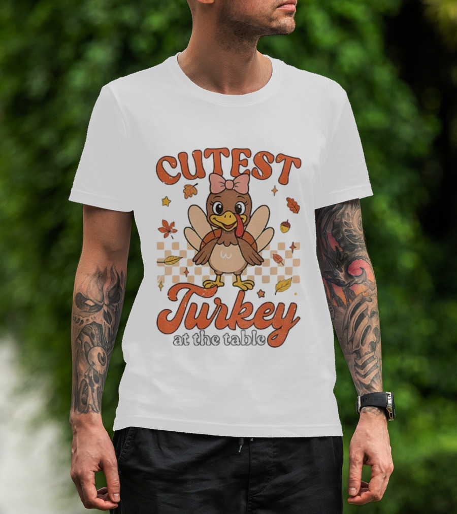 Cutest Turkey At The Table Thanksgiving Bow And Leaves T-Shirt