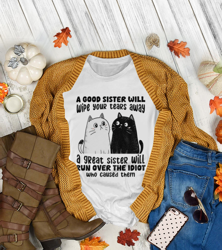 Funny Cats A Good Sister Wipes Tears A Great Sister Runs Over Idiot T-Shirt