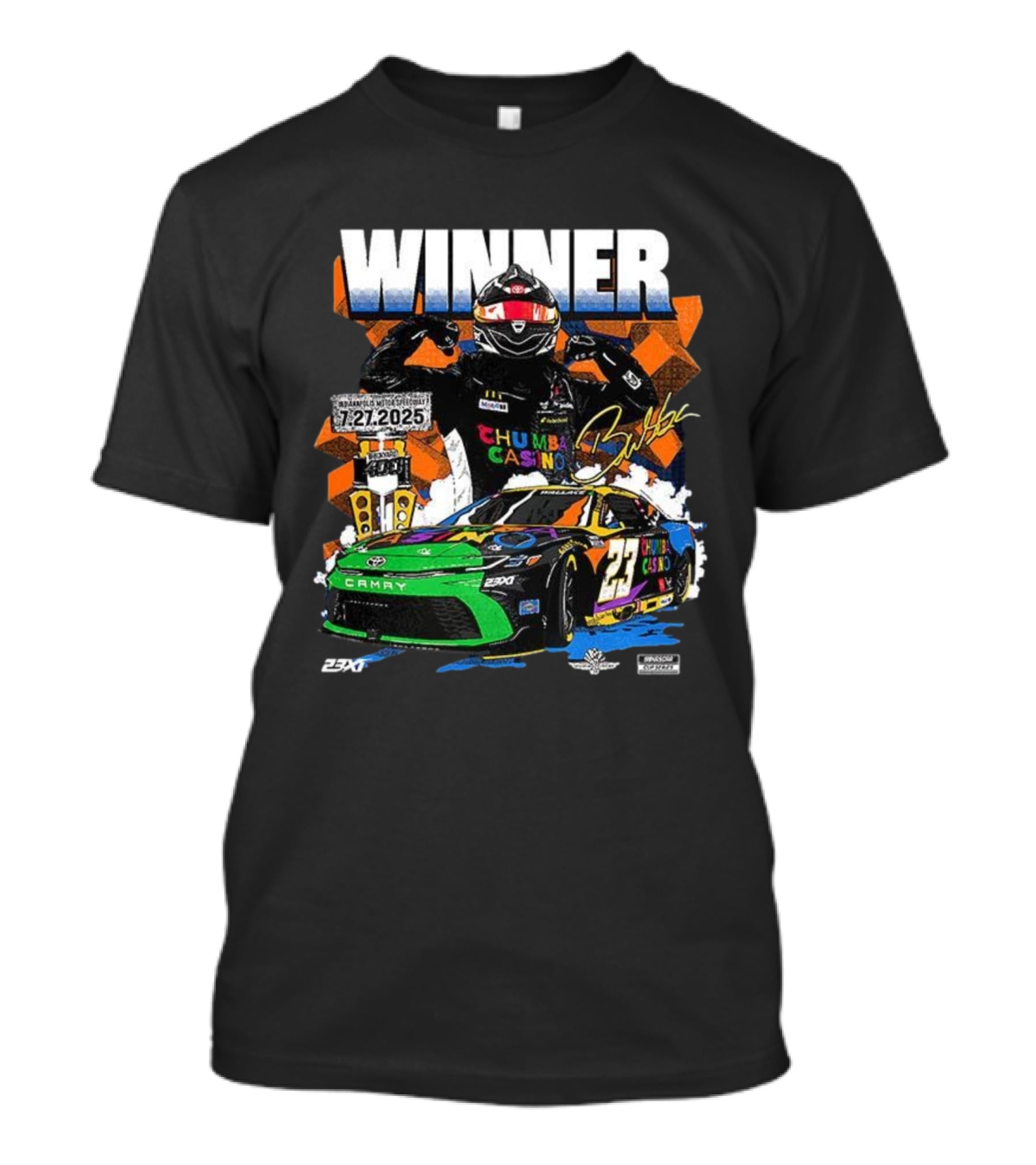 2025 Indianapolis Motor Speedway 23XI Racing Winner Bubba Wallace Signature NASCAR Event T-Shirt