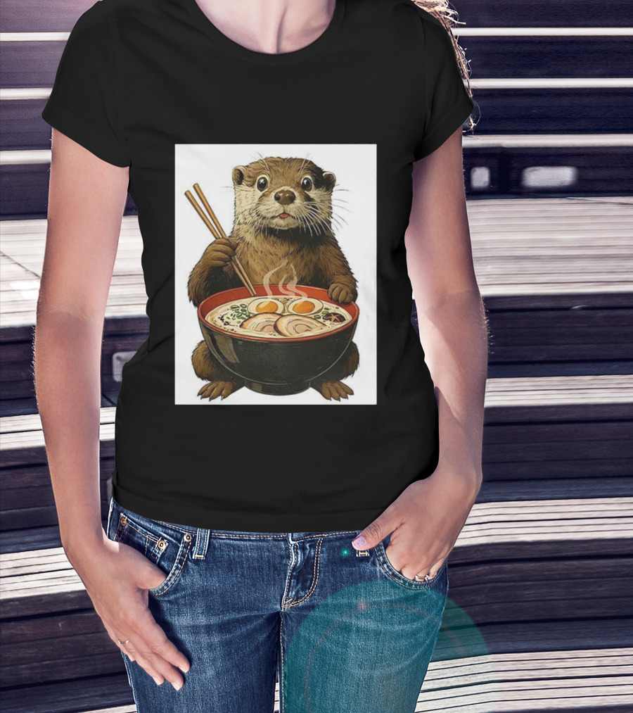 Cute Otter Enjoying Steaming Ramen With Chopsticks Illustration T-Shirt