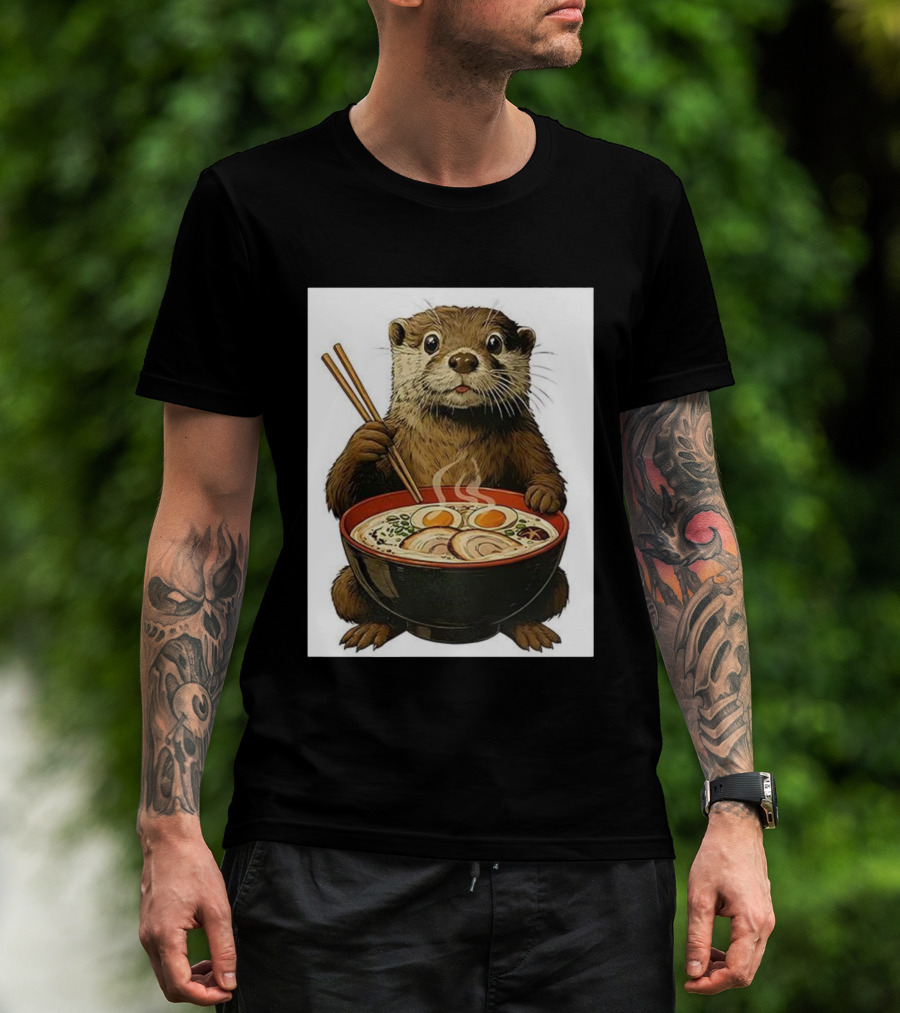 Cute Otter Enjoying Steaming Ramen With Chopsticks Illustration T-Shirt