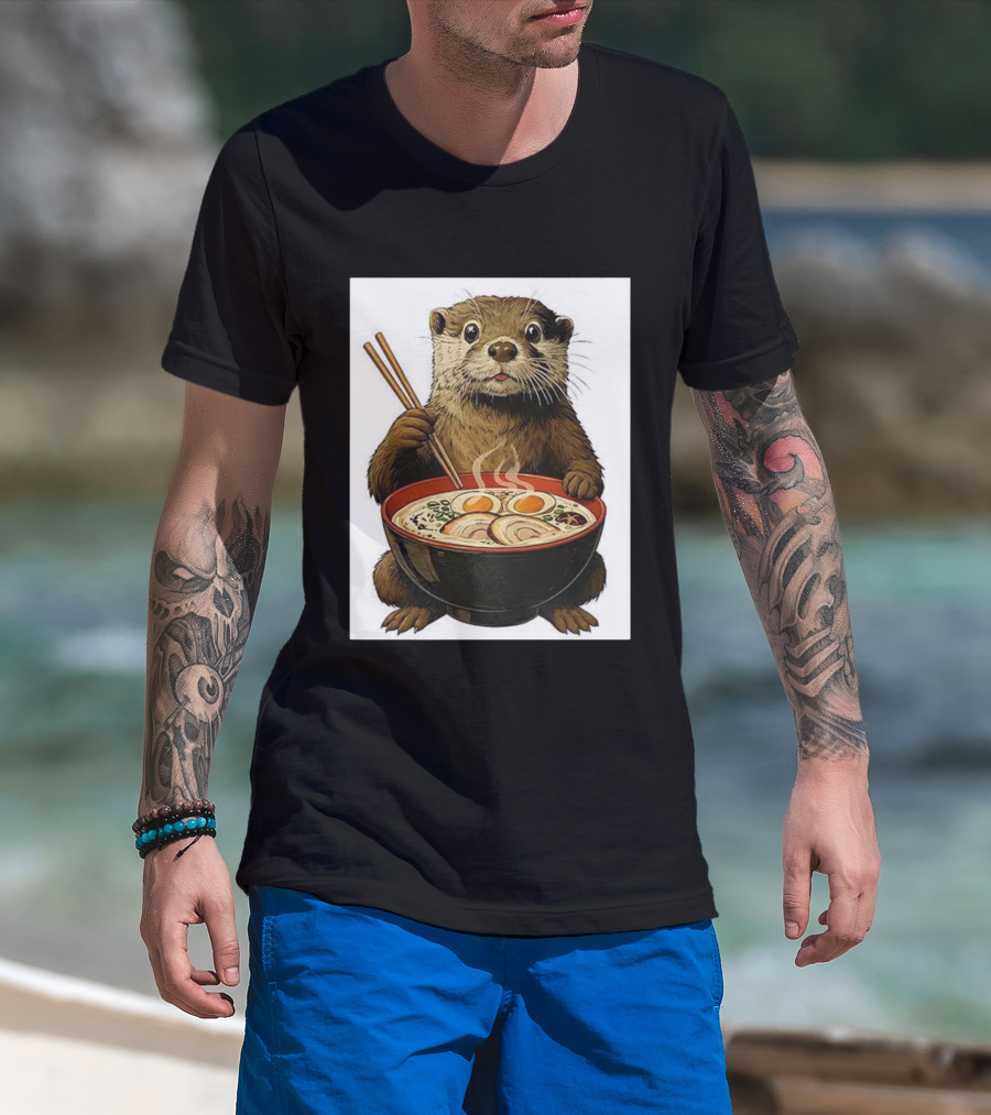 Cute Otter Enjoying Steaming Ramen With Chopsticks Illustration T-Shirt