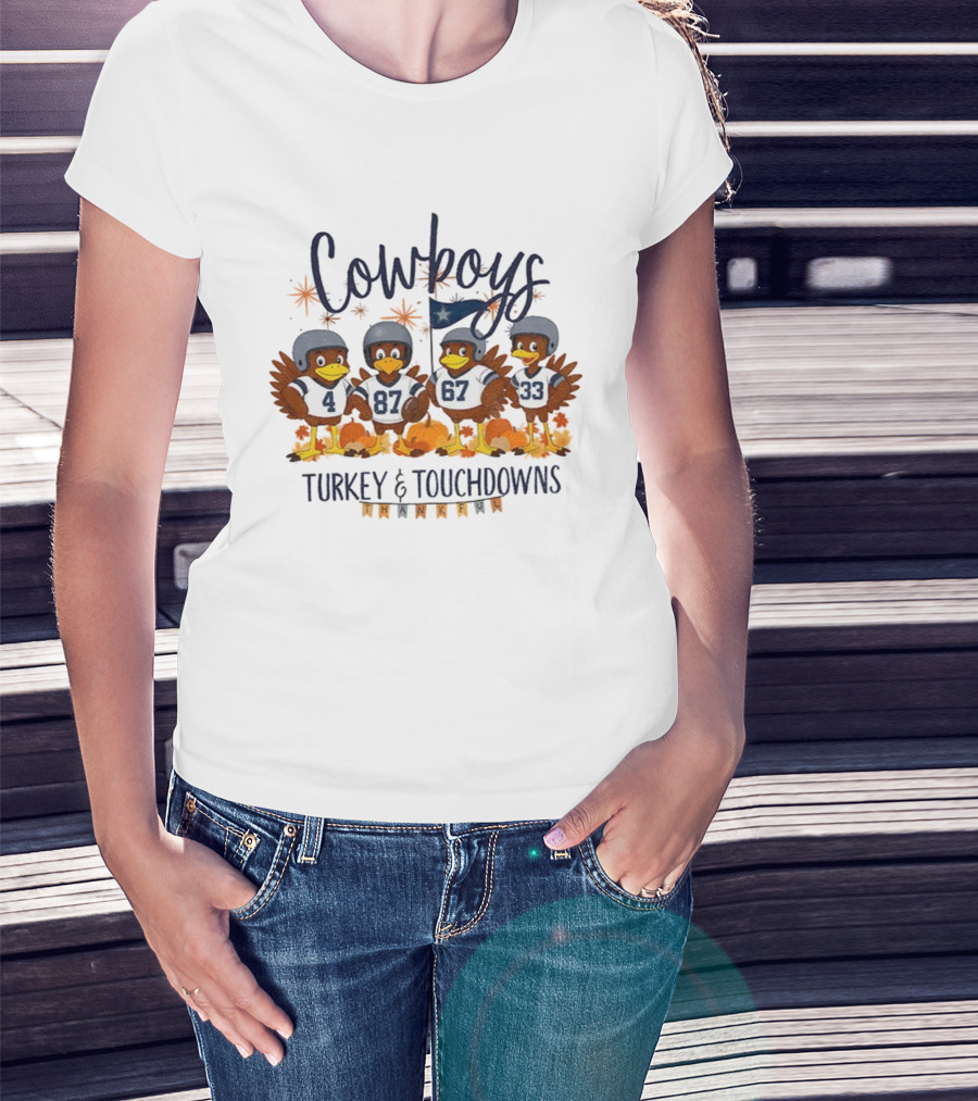 Cowboys Turkey Touchdowns Thankful Thanksgiving T-Shirt
