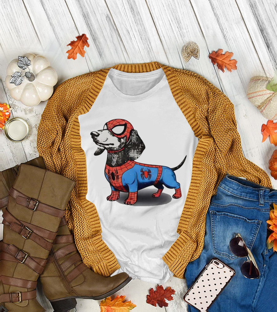Dachshund in SpiderMan Costume Superhero Pet Character T-Shirt