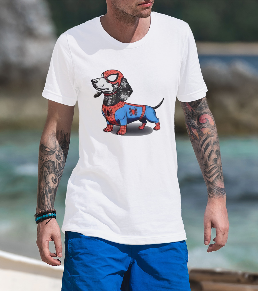Dachshund In SpiderMan Costume Superhero Pet Character T-Shirt