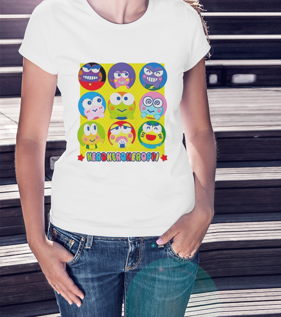 Kerokerokeroppi Colorful Faces Pattern T-Shirt
