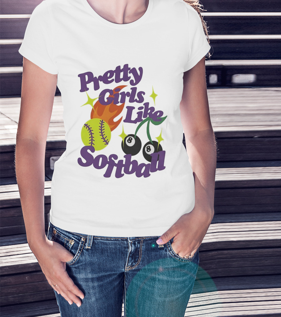 Pretty Girls Like Softball Flaming Ball And Billiard Cherry T-Shirt