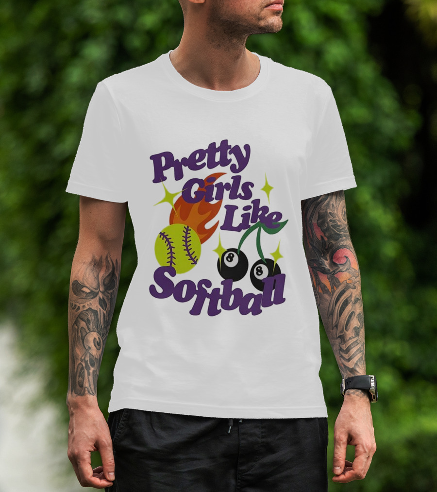 Pretty Girls Like Softball Flaming Ball And Billiard Cherry T-Shirt