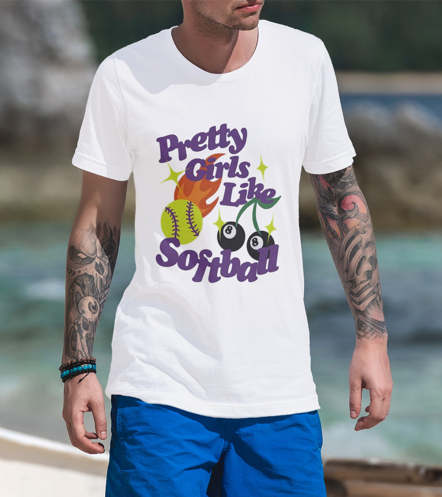Pretty Girls Like Softball Flaming Ball And Billiard Cherry T-Shirt