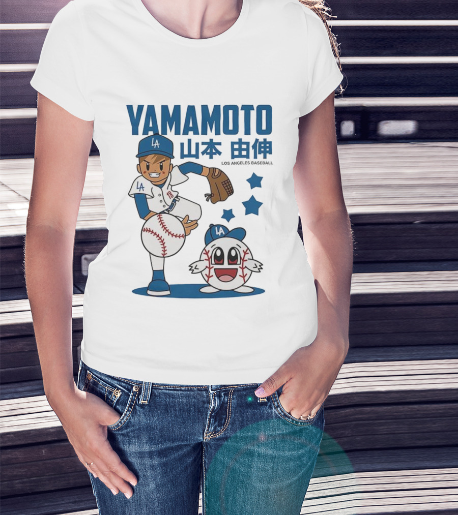 Yamamoto Los Angeles Dodgers Cartoon With Baseball Character And Stars T-Shirt
