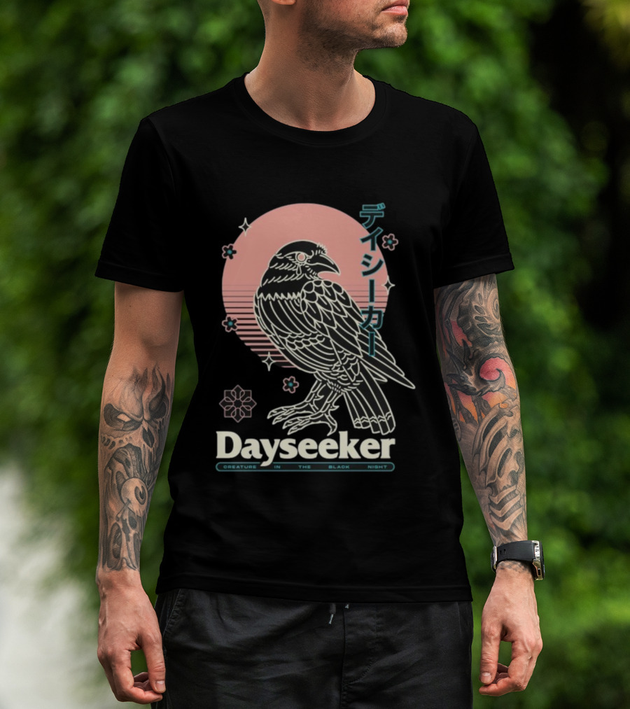 Dayseeker Creature In The Black Night Raven With Japanese Text And Sakura Motif T-Shirt
