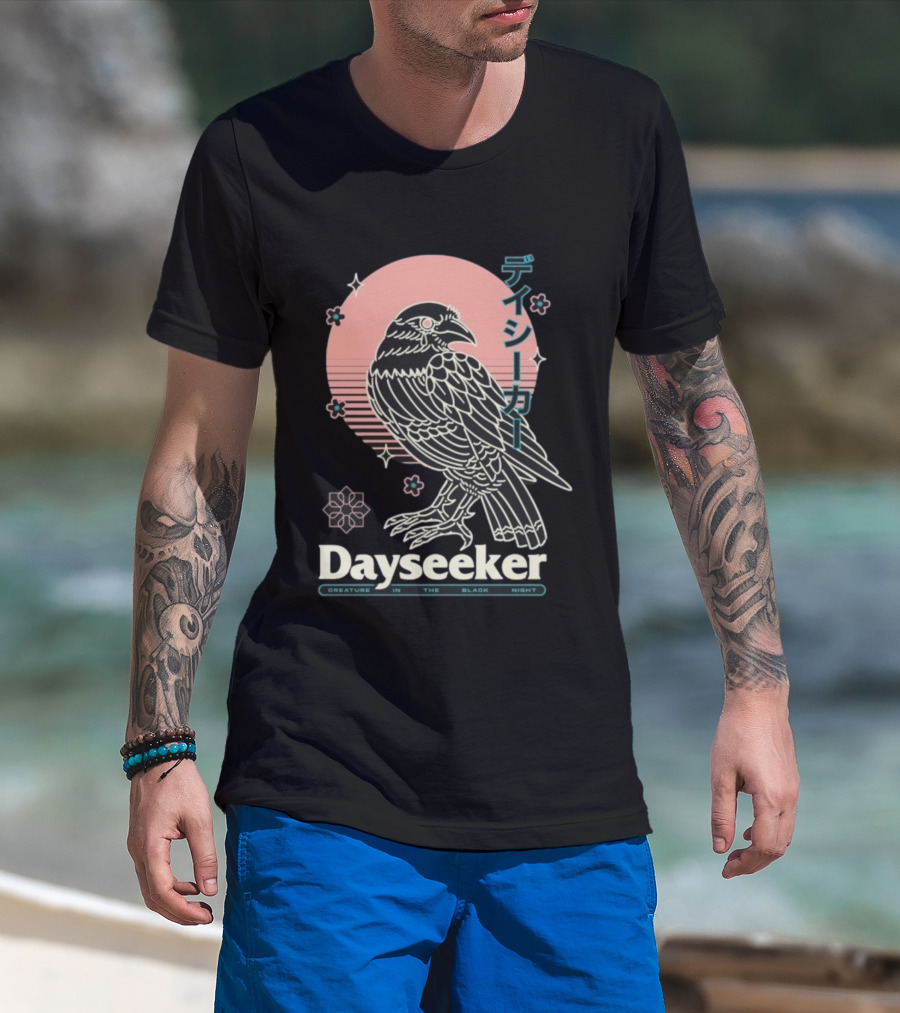 Dayseeker Creature In The Black Night Raven With Japanese Text And Sakura Motif T-Shirt