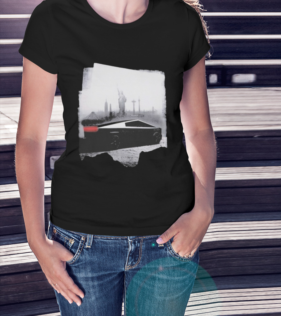 Tesla Cybertruck With Global Landmark Skyline T-Shirt