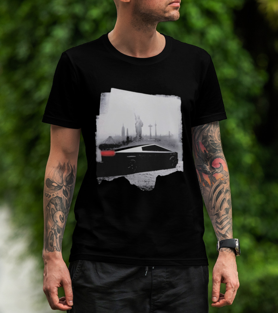 Tesla Cybertruck With Global Landmark Skyline T-Shirt