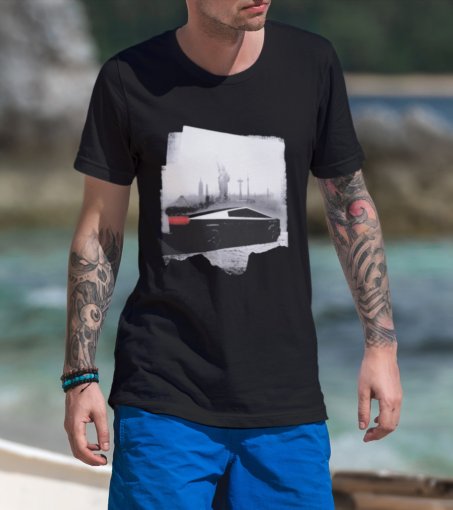 Tesla Cybertruck With Global Landmark Skyline T-Shirt