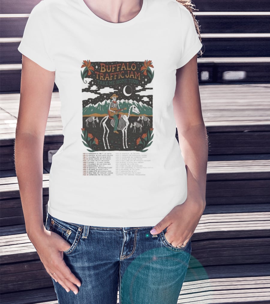 Buffalo Traffic Jam Take Me Home Tour 2026 Dates Skeleton Cowboy Riding Horse Moonlit Desert Scene T-Shirt