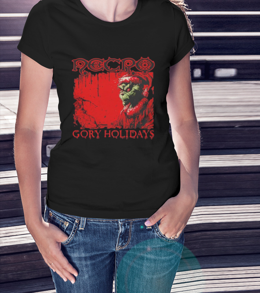 Necro Gory Holidays Grinch Santa Red Dripping Art T-Shirt