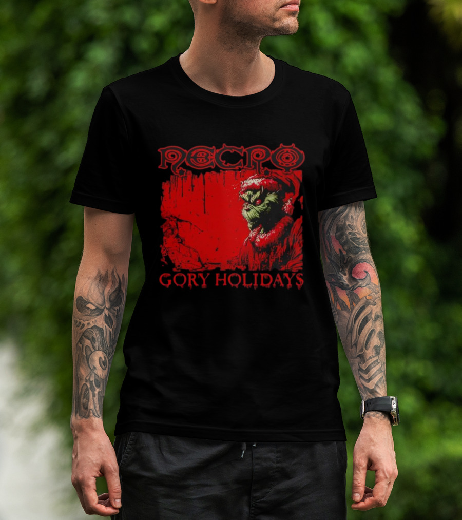 Necro Gory Holidays Grinch Santa Red Dripping Art T-Shirt