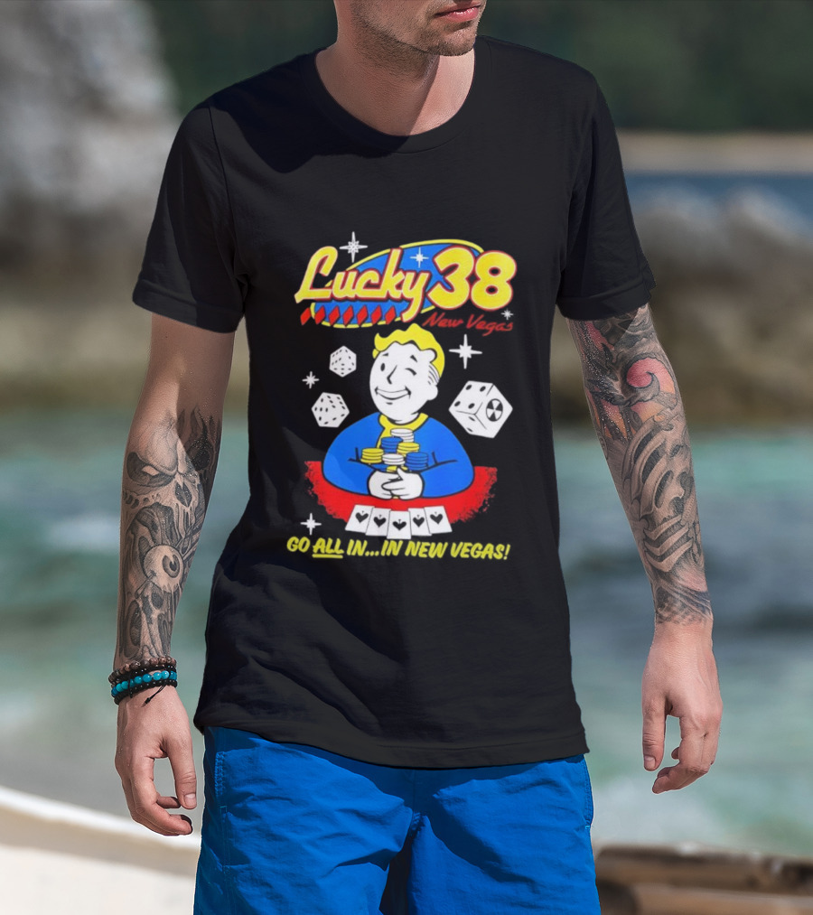 Lucky 38 Casino New Vegas Vault Boy Poker Chips Casino Dice T-Shirt